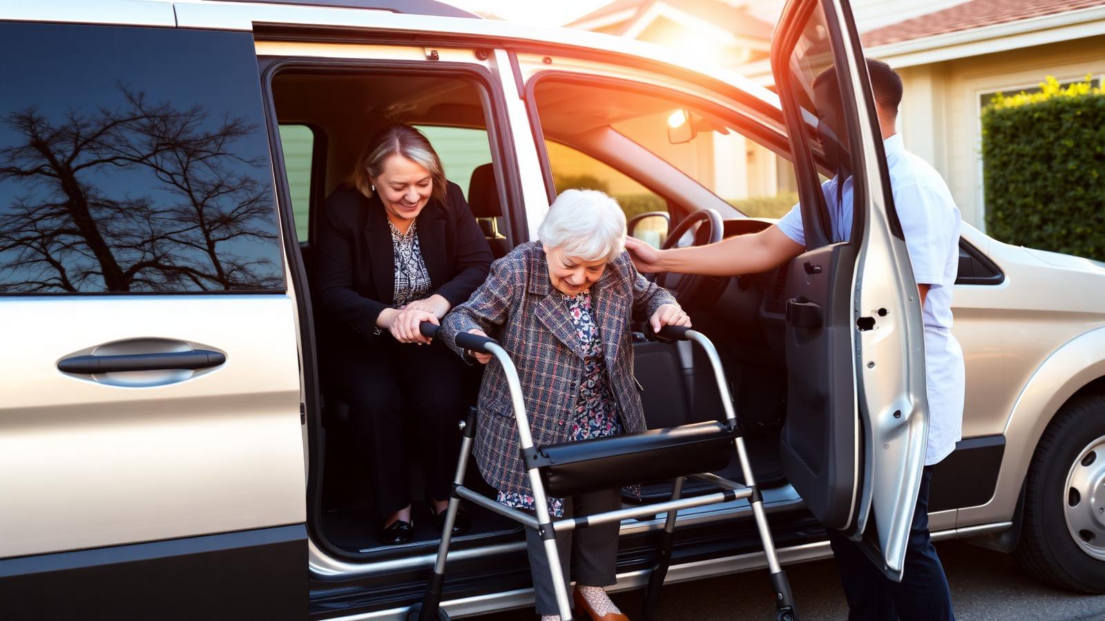 Caregiver helping an elderly woman with a walker out of an accessible van